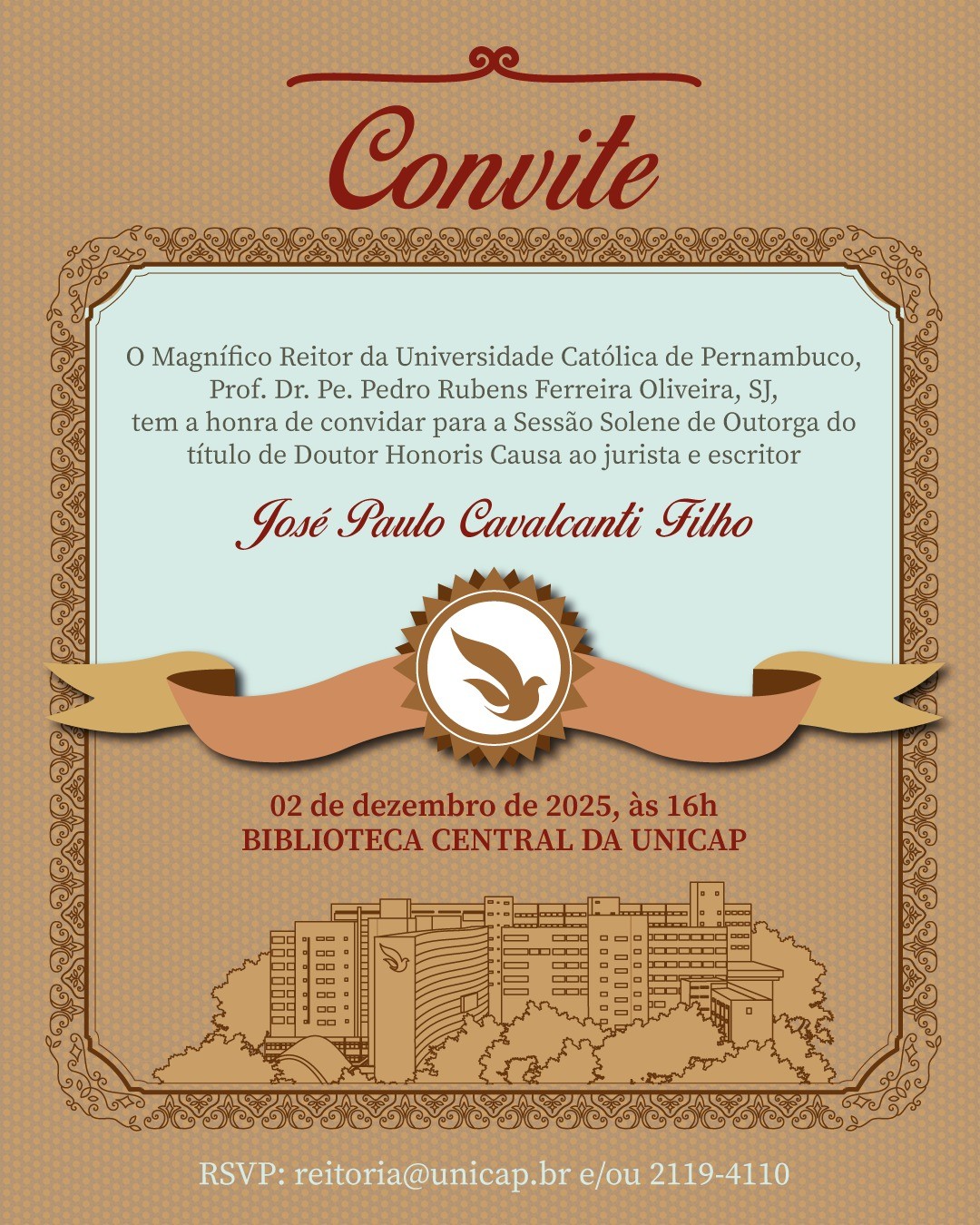 A imagem é um convite formal elegante com fundo bege pontilhado, bordas ornamentadas em estilo vitoriano e tons suaves de azul-claro no centro. No topo, em letra cursiva vermelha, destaca-se a palavra 