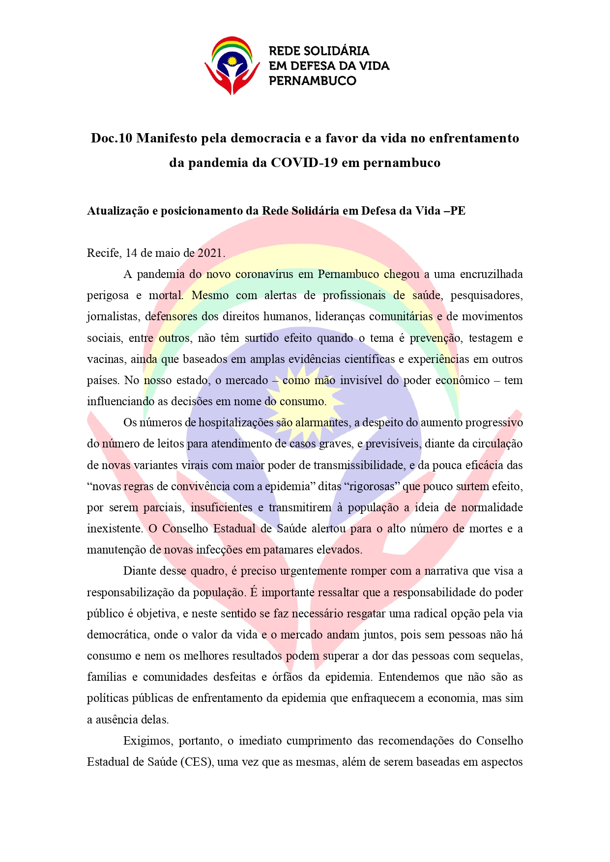 anifesto pela democracia e a favor da vida no enfrentamento da pandemia da COVID-19 em Pernambuco