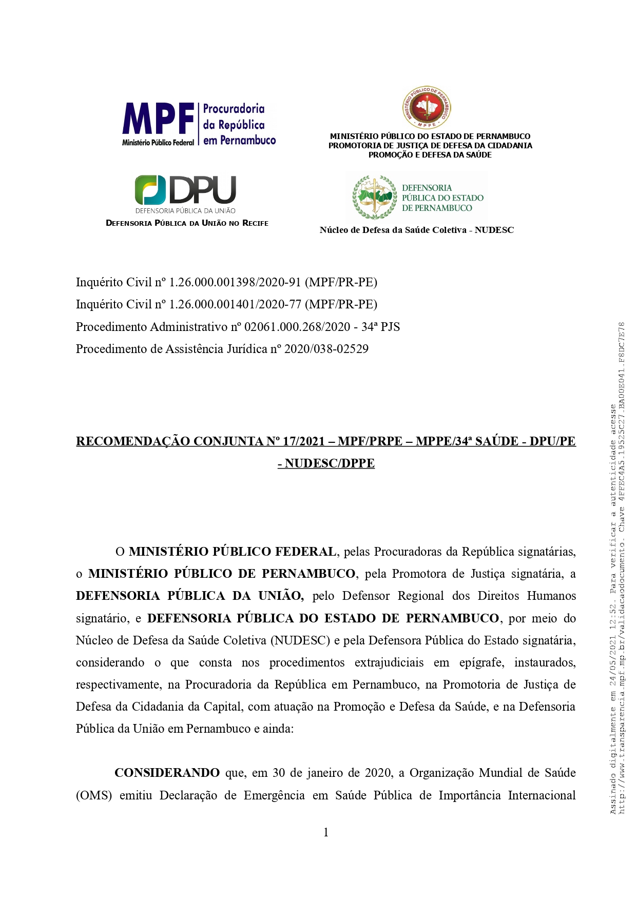 RECOMENDAÇÃO CONJUNTA Nº 17/2021 – MPF/PRPE – MPPE/34ª SAÚDE – DPU/PE – NUDESC/DPPE