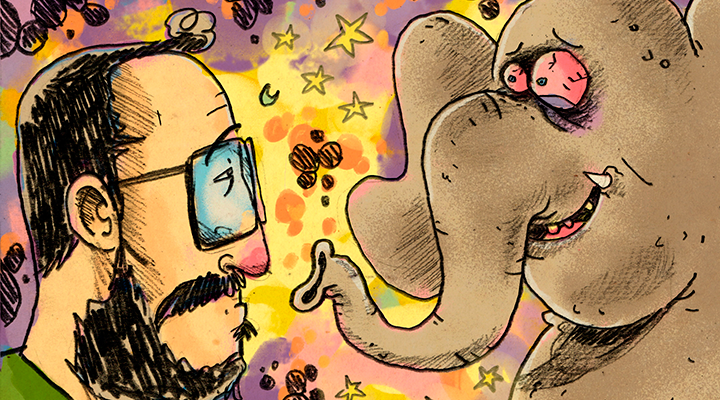 Desenho do autor encarando o elefante