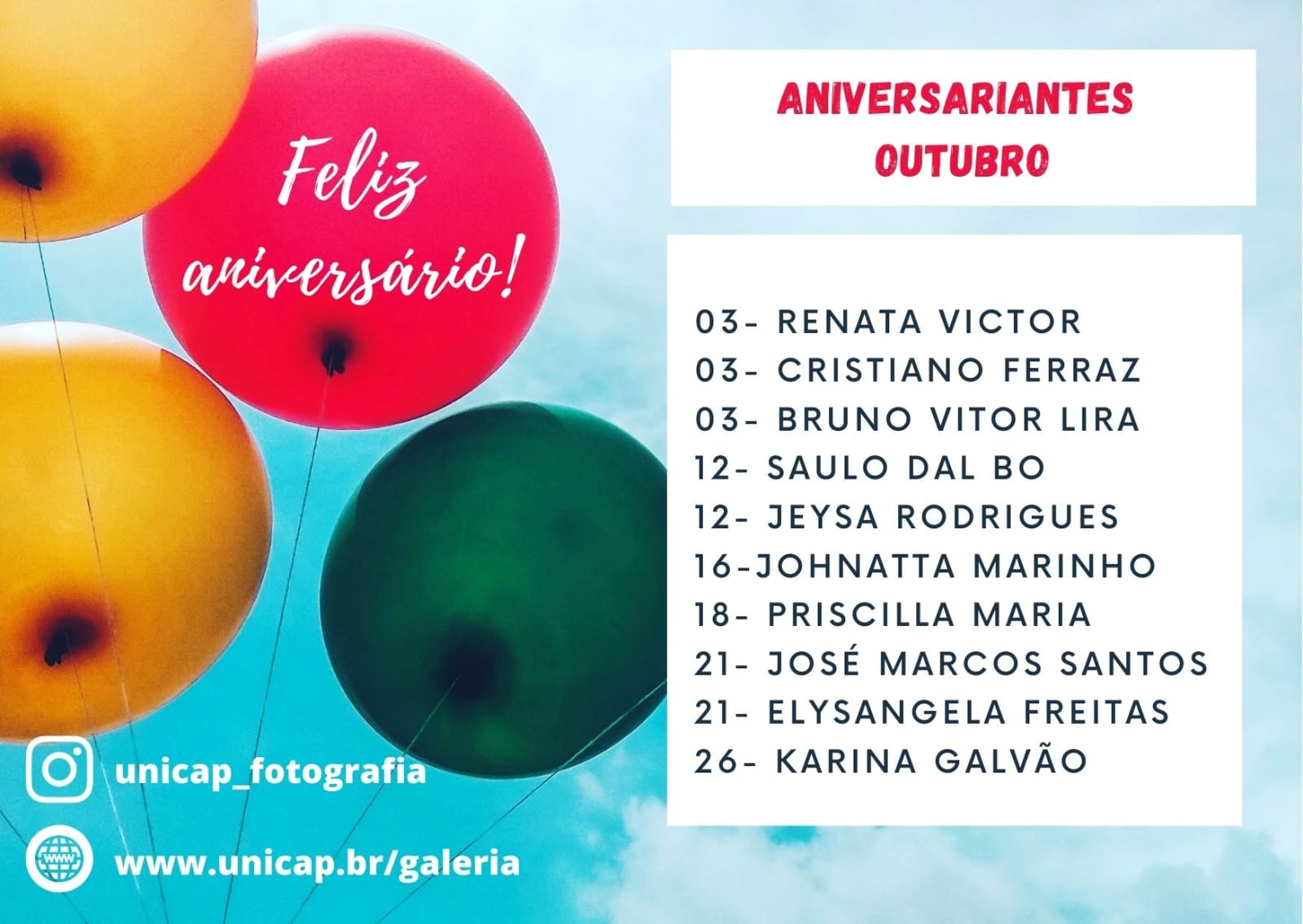 Aniversariantes de outubro